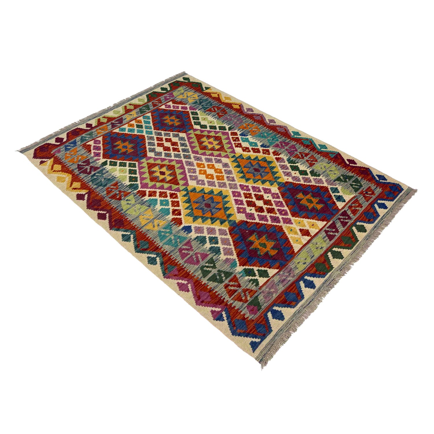 Hand Knotted Afghan Style Kilim 4' 2" x 6' 0" ft / 127 x 183 cm - No. Y39512