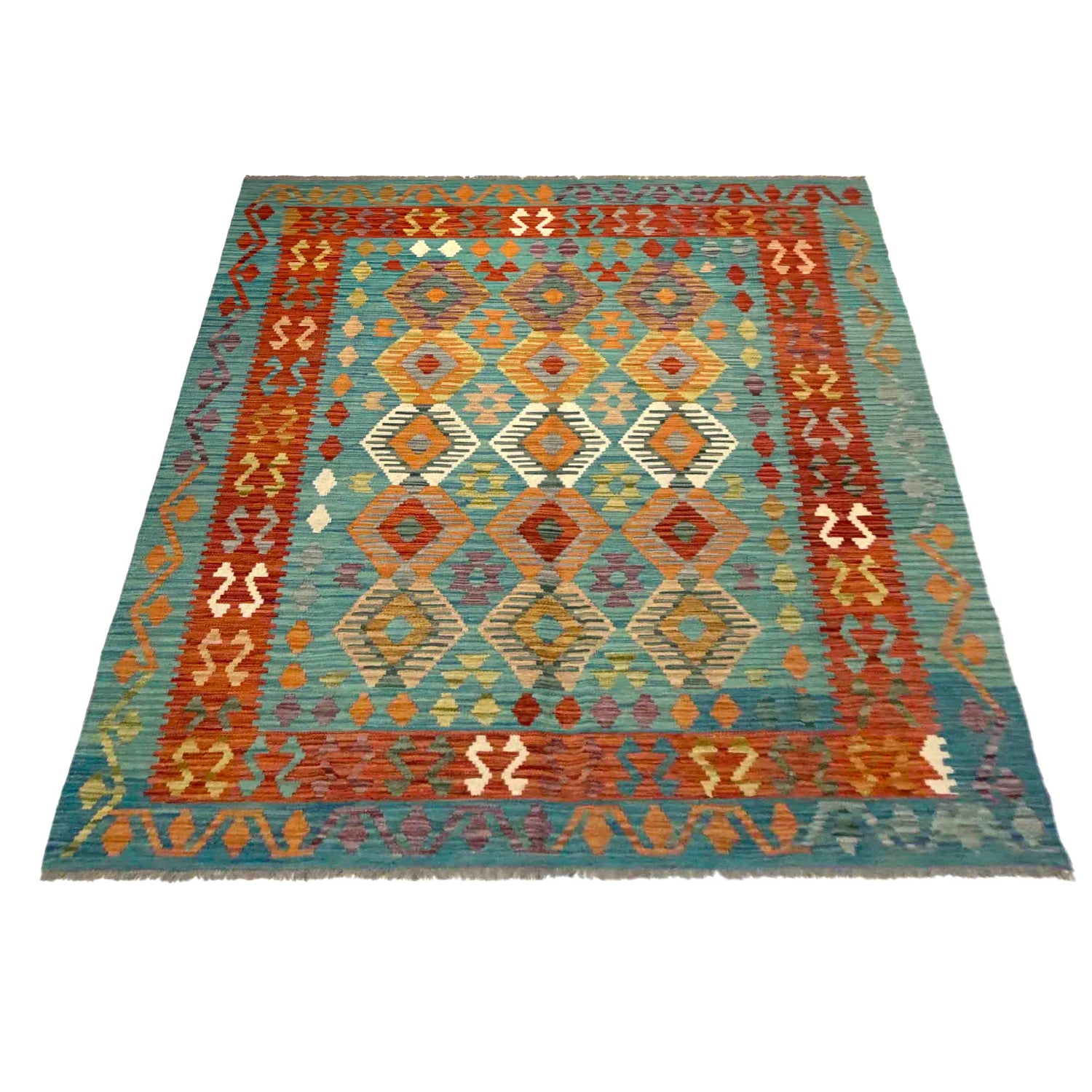 Multi Color ful Flat-Weave Wool Kilim 5' 7" x 7' 11" ft / 171 x 241 cm - No. Y39524