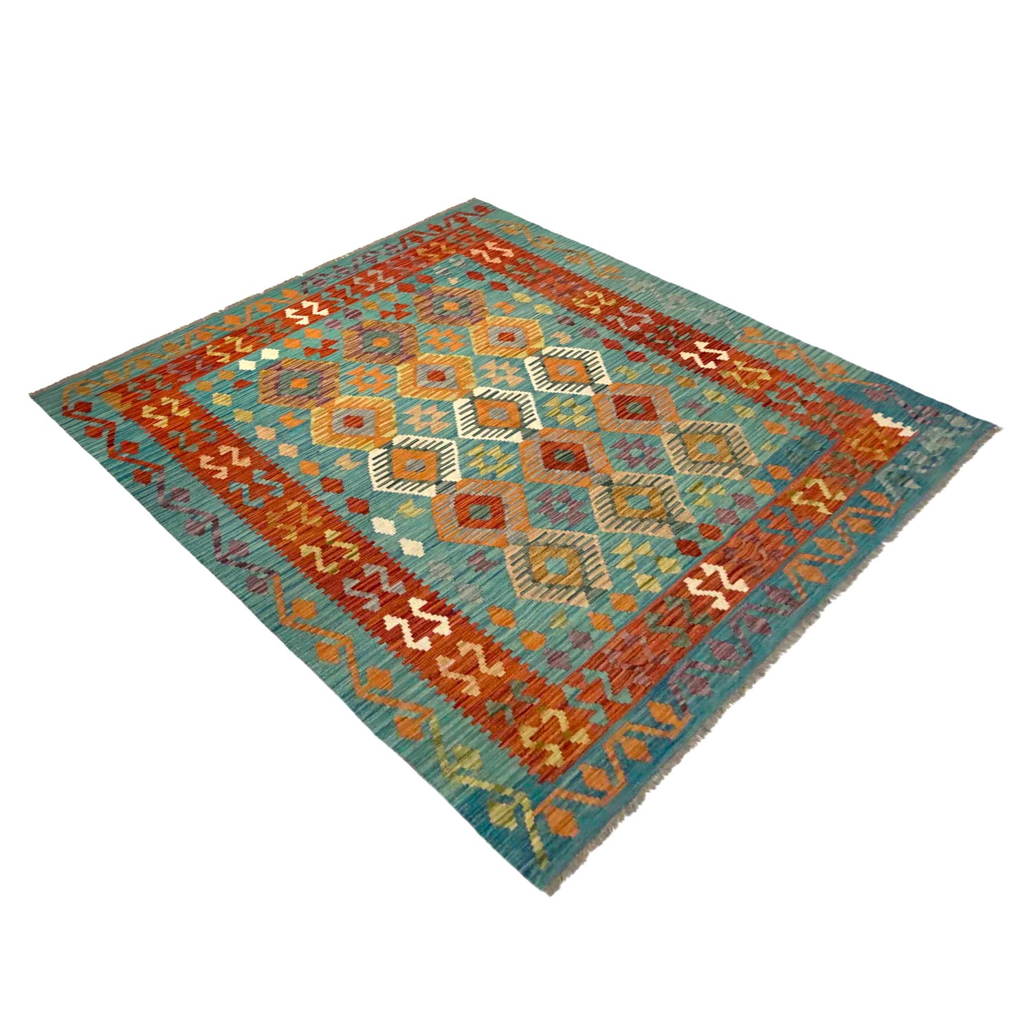 Multi Color ful Flat-Weave Wool Kilim 5' 7" x 7' 11" ft / 171 x 241 cm - No. Y39524